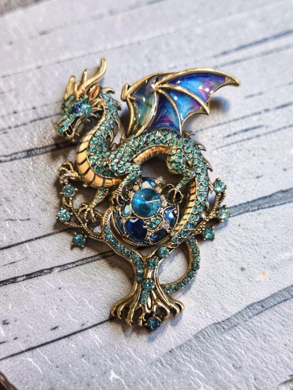 Large Teal Dragon Brooch w Rhinestones~ New